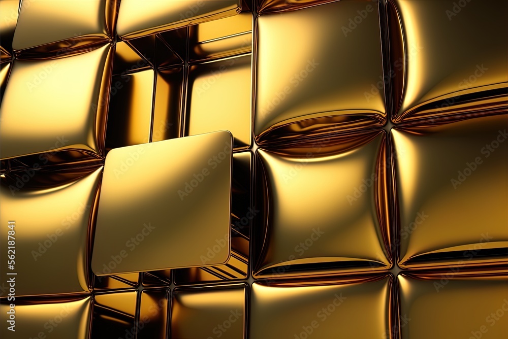 Poster gold-tiled walls with polished tiles serving as the background; expensive-looking square blocks serv
