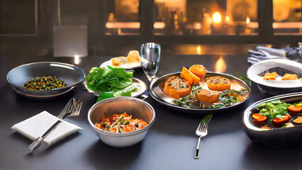table full of food, dinner, gourmet, traditional, restaurant, Generative AI