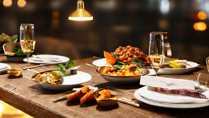 table full of food, dinner, gourmet, traditional, restaurant, Generative AI