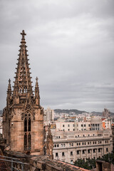 Fototapeta premium The spire of the cathedral of barcelona photographed from the rooftop which offers a breathtaking view