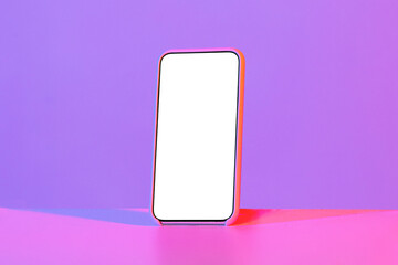 Smartphone with white blank screen, isolated on neon background