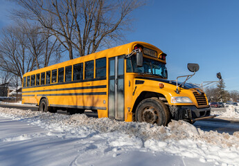 Fototapeta na wymiar Autobus scolaire roulant par une belle journée d'hiver