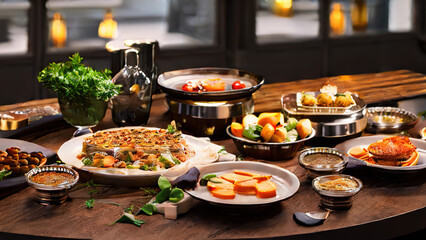 table full of food, dinner, gourmet, traditional, restaurant, Generative AI