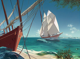 Sailing yacht near tropical coast with palm trees. Anime..