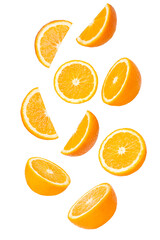 Set of oranges. pieces flying in the air. Isolated on white background.