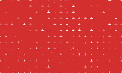Seamless background pattern of evenly spaced white witch hat symbols of different sizes and opacity. Vector illustration on red background with stars