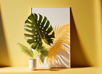 Paper palm leaves with frame on orange background, 3d render