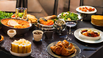 Fototapeta na wymiar table full of food, dinner, gourmet, traditional, restaurant, Generative AI