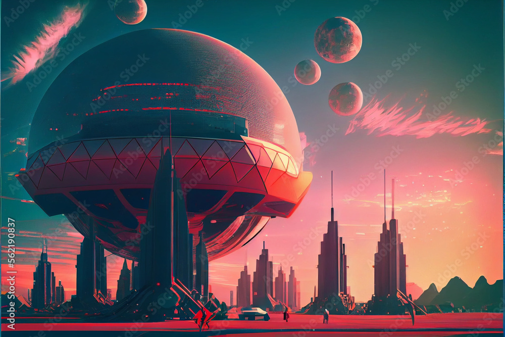 Poster Beautiful abstract surreal landscape retro futuristic world of computer space in the style of science fiction of the 80s. Futuristic city in virtual space