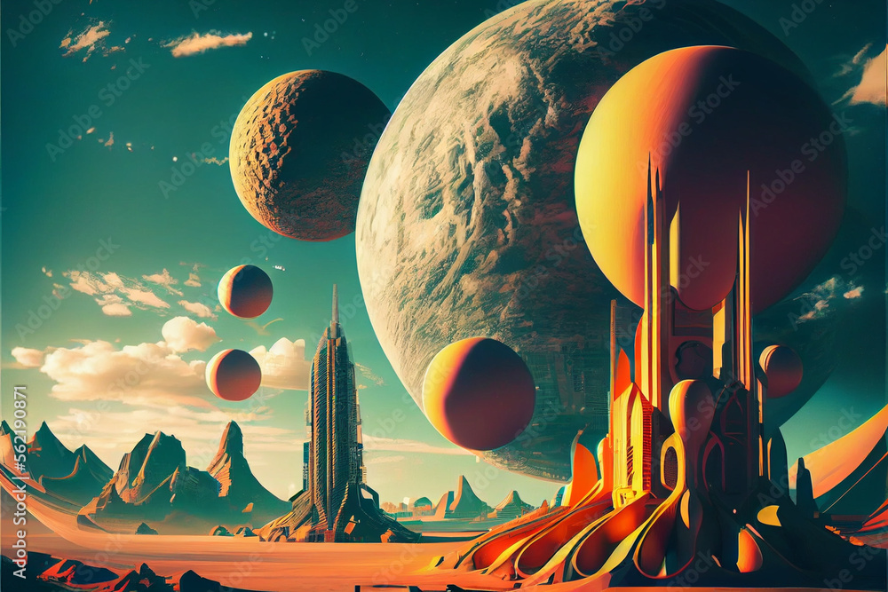 Poster beautiful abstract surreal landscape retro futuristic world of computer space in the style of scienc