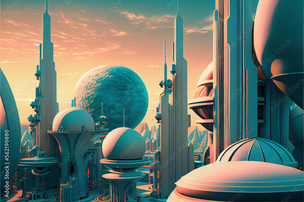Poster Beautiful abstract surreal landscape retro futuristic world of computer space in the style of science fiction of the 80s. Futuristic city in virtual space