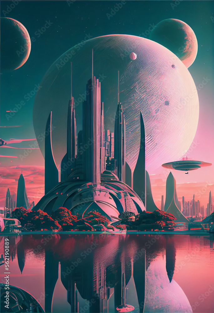 Poster Beautiful abstract surreal landscape retro futuristic world of computer space in the style of science fiction of the 80s. Futuristic city in virtual space
