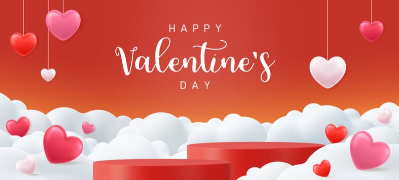3d Valentines day background with product display and Heart Shaped Balloons.