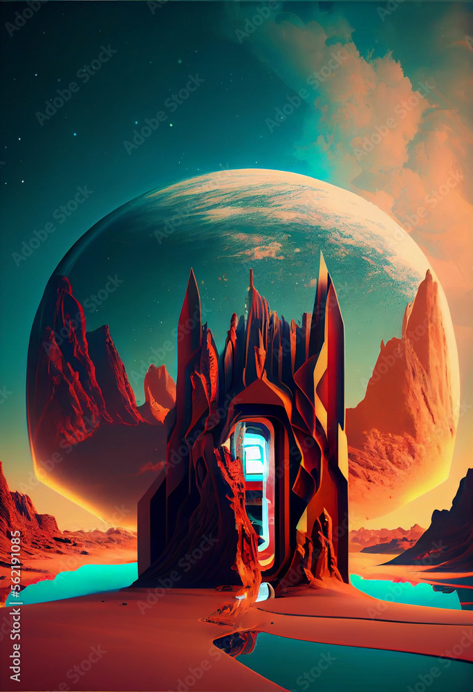 Poster beautiful abstract surreal landscape retro futuristic world of computer space in the style of scienc