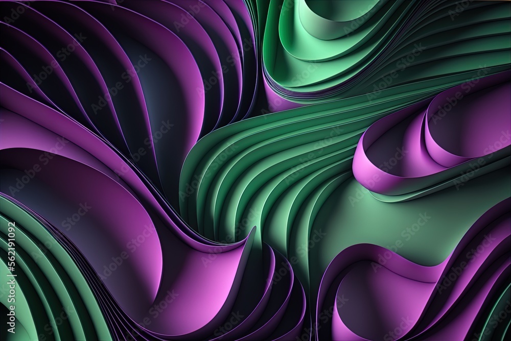 Poster green and purple undulating abstract surfaces are used to create a contemporary design backdrop. gen