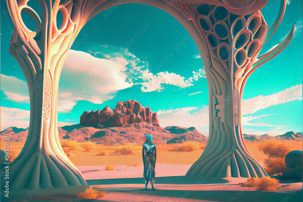 Poster beautiful abstract surreal landscape retro futuristic world of computer space in the style of scienc