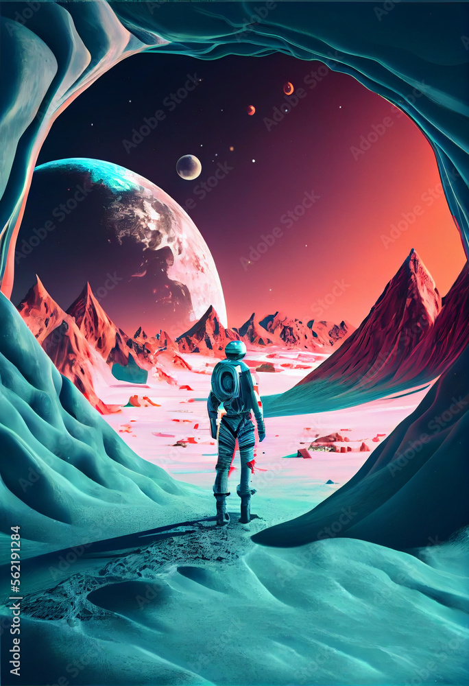 Poster beautiful abstract surreal landscape retro futuristic world of computer space in the style of scienc