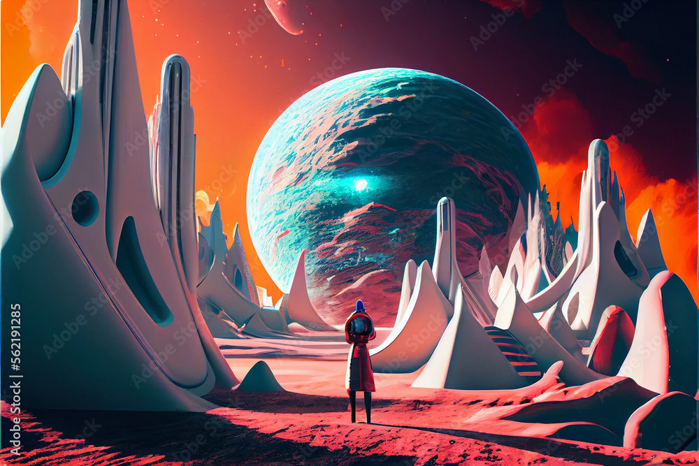 Poster beautiful abstract surreal landscape retro futuristic world of computer space in the style of scienc