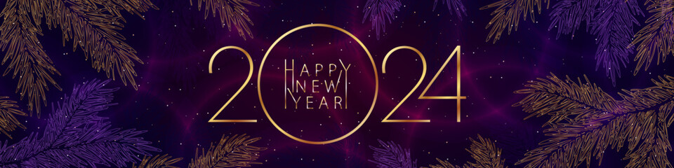 New year banner with gold numbers 2024. Happy New Year, vector illustration with a bright background, highlights and stylized fir branches