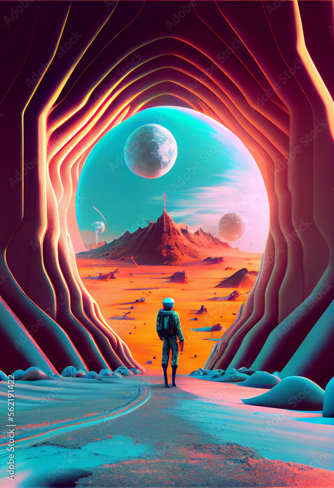 Poster beautiful abstract surreal landscape retro futuristic world of computer space in the style of scienc