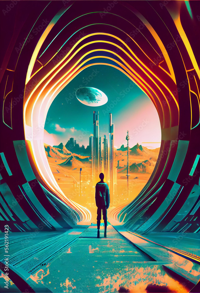 Poster beautiful abstract surreal landscape retro futuristic world of computer space in the style of scienc