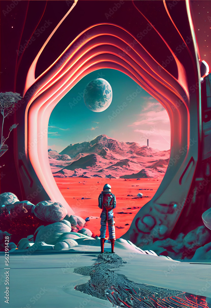 Poster beautiful abstract surreal landscape retro futuristic world of computer space in the style of scienc