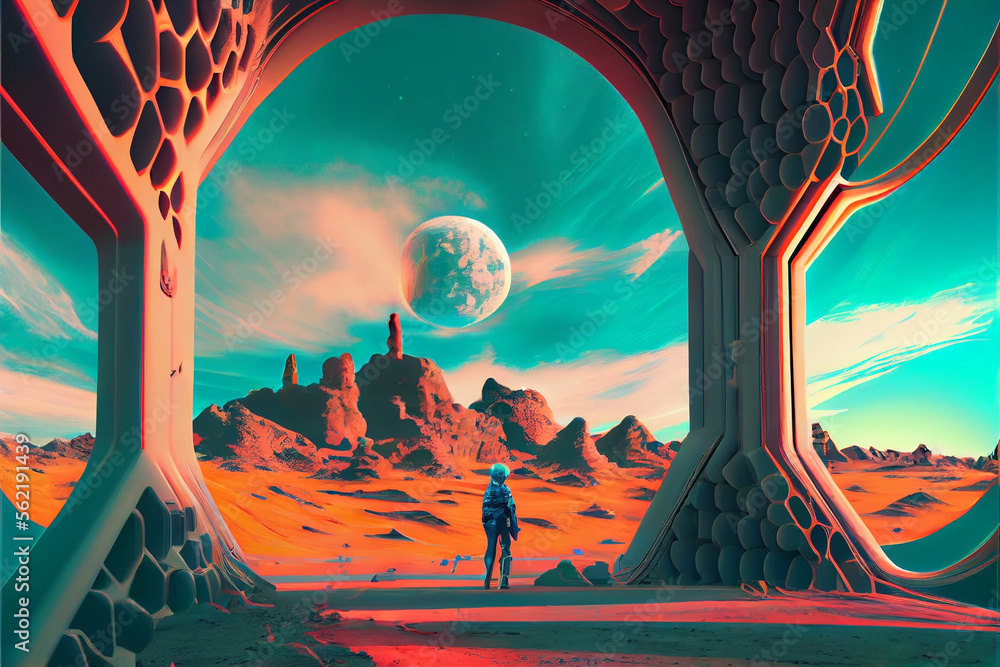 Poster beautiful abstract surreal landscape retro futuristic world of computer space in the style of scienc