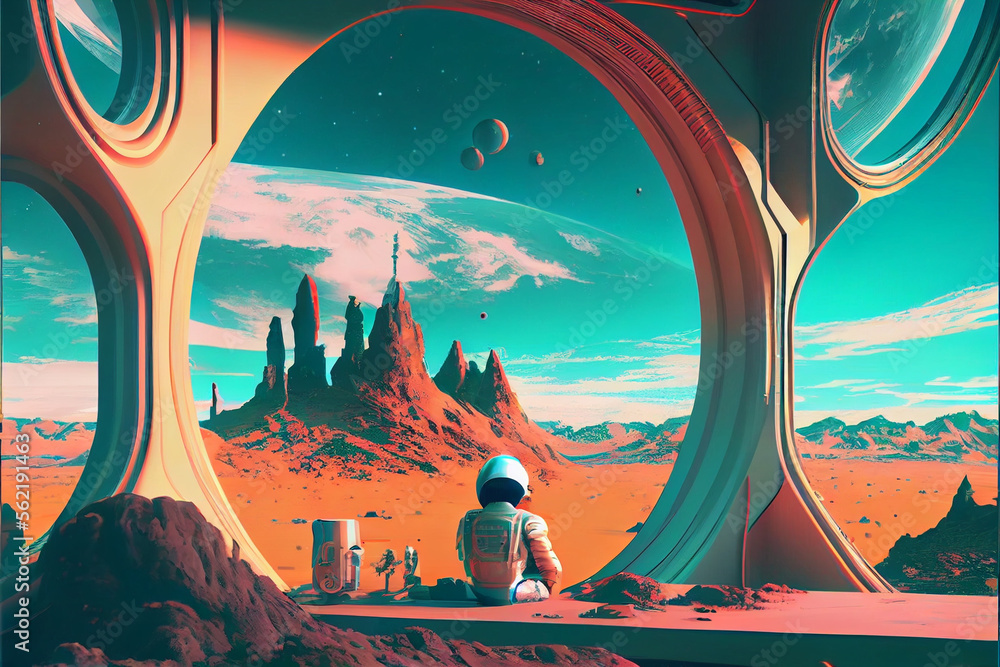 Poster beautiful abstract surreal landscape retro futuristic world of computer space in the style of scienc