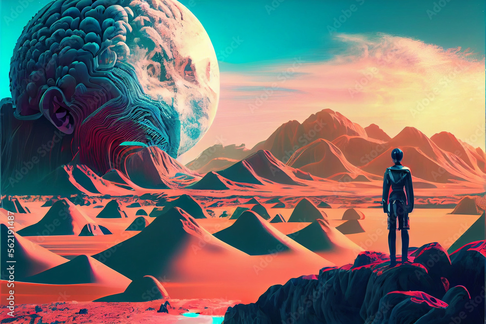 Poster beautiful abstract surreal landscape retro futuristic world of computer space in the style of scienc