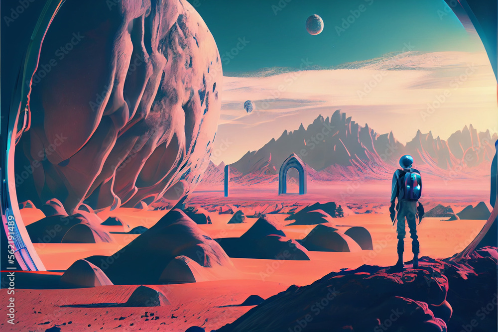 Poster beautiful abstract surreal landscape retro futuristic world of computer space in the style of scienc
