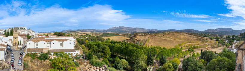 Panoramic view on surrounding mountains from Gate of Carlos V (Puerta de Carlos V) in Ronda, Spain on October 23, 2022