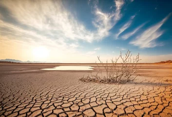 Deurstickers Wide Angle Shot of A Dried Lake With Cracked Ground Due To The Heat Of Climate Change. Generative AI Illustration © Digitale Wanderlust