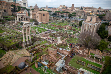 Aerial view over Rome showing the Roman Forum, the buildings on Palatine Hill and the city