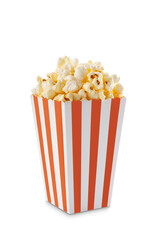 Red white striped carton bucket with tasty cheese popcorn, isolated on transparent background, PNG. Movies, cinema and entertainment concept.