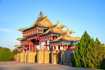 Obraz premium The gate to the Golden Abode of Shakyamuni Buddha Temple. Elista, Republic of Kalmykia, Russia