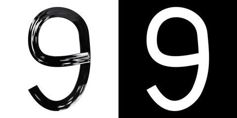 Number 9 made of ribbon with glossy black tiles, isolated on white with clipping mask, 3d rendering