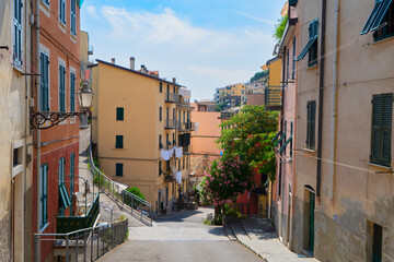 street of Riomaggiore picturesque town of Cinque Terre, Italy