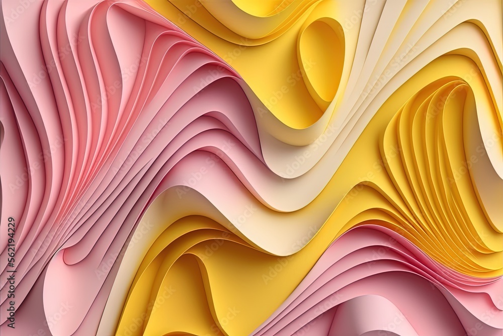 Poster geometry with undulating waves of pink and yellow. a contemporary setting with refined finishes. gen