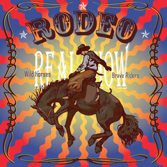 vector banner poster with a cowboy rider sitting on a wild horse mustang and the inscription rodeo on the background of wooden boards in retro style