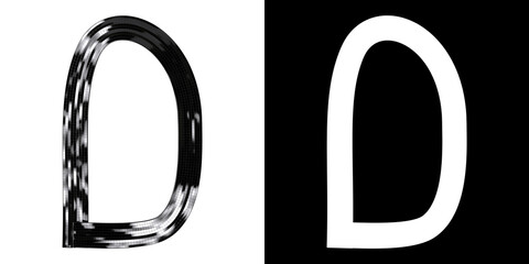 Letter D made of ribbon with glossy black tiles, isolated on white with clipping mask, 3d rendering