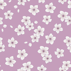 Seamless pattern with flowers of cherry. white flowers and buds on purple background. Spring floral print. Vector illustration