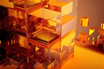 Modern technology wallpaper made of orange and yellow cubes of transparent cubes assembled in a neat grid. Generative AI