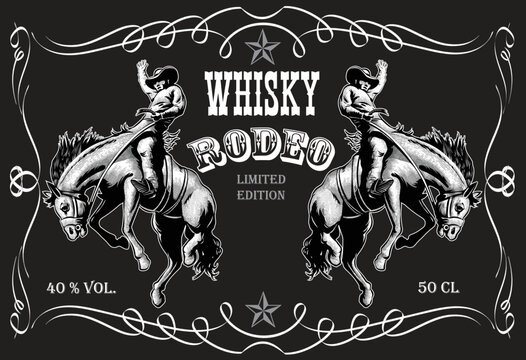 vector image of vintage label with a cowboy riding a wild horse for whiskey in art style	