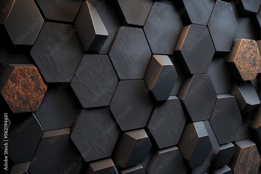 Poster tiles with a textured surface and a semigloss natural stone background form a hexagonal wall. genera