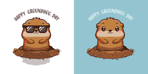 Obraz na płótnie Canvas Happy Groundhog Day with Groundhog Vector. Kawaii style..