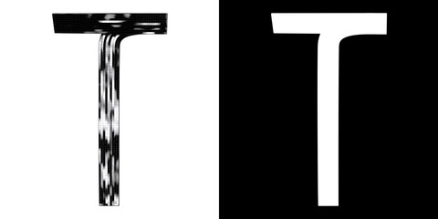 Letter T made of ribbon with glossy black tiles, isolated on white with clipping mask, 3d rendering
