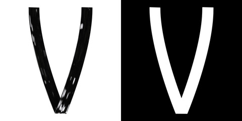Letter V made of ribbon with glossy black tiles, isolated on white with clipping mask, 3d rendering