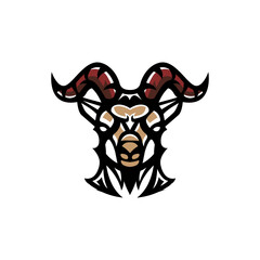brown horned goat head and neck, logo vector icon