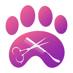 Scissors with a comb on the background of the trace of an animal. Design for groomer, grooming and pet care