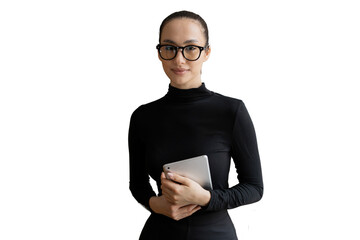 Stylish female employee in glasses student holding a tablet, on a transparent background.